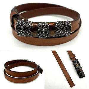 Vintage Albatros 009251 Brown Italian Leather Ornate Enamel Buckle Belt S 26"